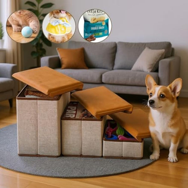 Foldable Dog Stairs, 3 Tier Pet Steps with Storage, Adjustable Dog Ramp for Bed and Sofa, Soft Flannel Pet Stairs for Small & Medium Dogs and Cats
