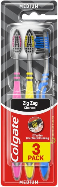 Colgate Zig Zag Medium Manual Toothbrush - Multi Angle Cross Bristles with Flexible Neck for Gum Comfort - 3 Count (Pack of 1)