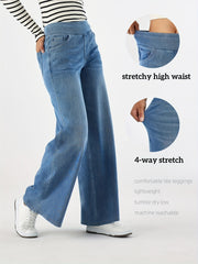 Women'S High-Waist Stretch Denim Wide-Leg Pants with Multiple Pockets, Distressed Vintage Casual Denim Long Pants
