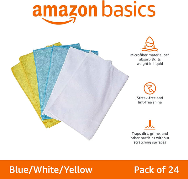 Amazon Basics Microfibre Cleaning Cloth, Pack of 24, Multi Colored, Blue, Orange & White, 40.5 Cm X 30.5 Cm