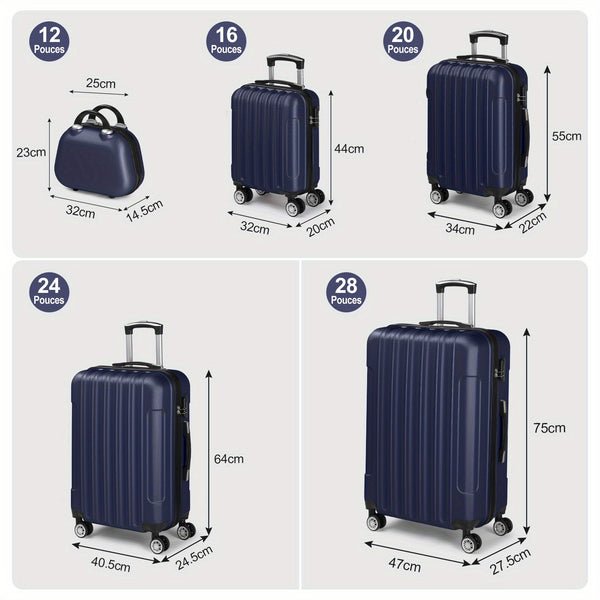 Lightweight Hardshell Spinner Luggage Set with Five Pieces in Various Sizes (12, 16, 20, 24, And 28 Inches) - Features a Carry-On, Made from Durable ABS, Budget-Friendly for Family Trips, Suitable for Both Men And Women