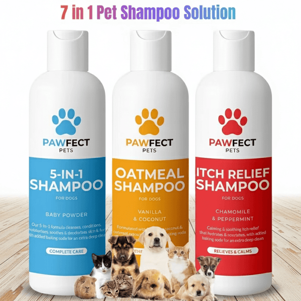 Pet Shampoo Set for Dogs and Cats 7-in-1 Formula for Deep Cleaning Moisturizing Soothing Deodorizing and Nourishing Grooming Three Pack