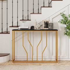 GYMAX Gold Console Table, 110 cm Modern White Entryway Table with Faux Marble Tabletop, Geometric Metal Frame, Narrow Behind Sofa Table Foyer Table for Living Room, Hallway, Entrance, Black