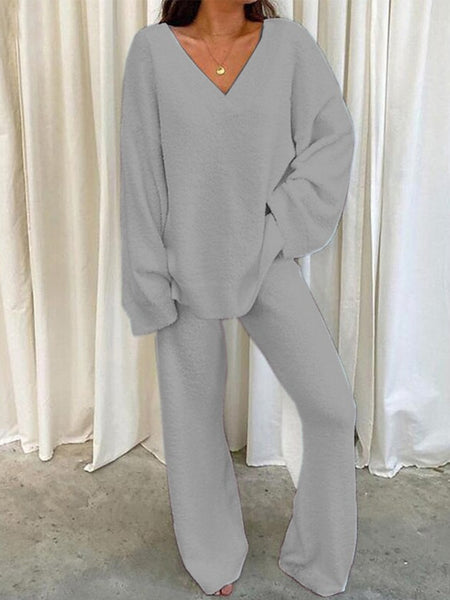 Women'S Winter Cozy Solid Color V-Neck 2pcs Casual Set - Soft Warm Outfits for Home Relaxation, Weekend Streaming & Cozy Friend Gatherings, Lounge Set, Casual Wear, Relaxed Fit, Vneck Design, Breathable Material, Comfortable Fabric, Twopiece Outfit, Women