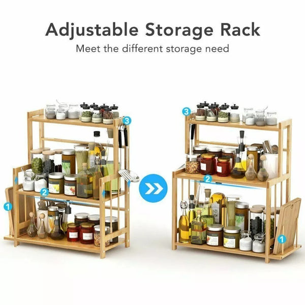 3 Tier Wooden Spice Rack Knife Holder Kitchen Organiser Shelf Stand Adjustable