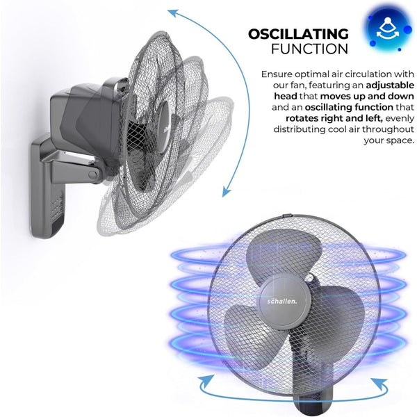 Schallen GREY 16 Inch Wall Mounted Fan with Remote Control, Oscillating Cooling Fan 40cm, 3 Speed Settings, Timer Function, Quiet Wall Fan for Bedroom, Office, Kitchen, Garage, Home Cooling Fan UK, Adjustable Tilt Air Circulator, Energy Efficient Wall Fan