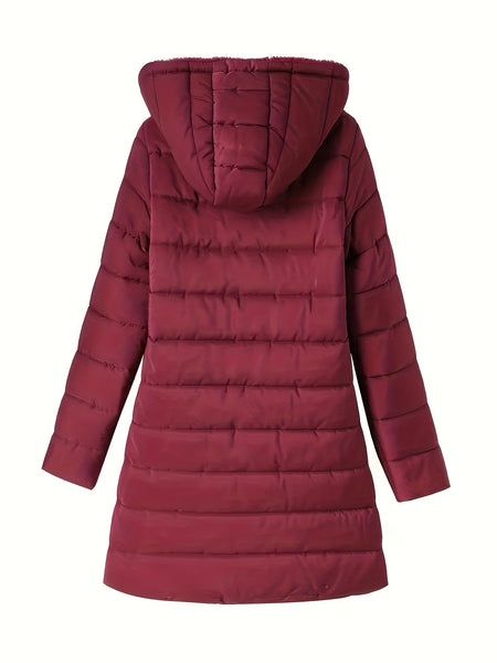 Women'S Winter Casual Mid-Length Fleece-Lined Hooded Jacket - Zippered Pockets, Machine Washable Winter Coat, Full Zip Closure, Regular Fit Sleeves, Fashionable Warm And Cold-Resistant, Comfortable Soft Fabric