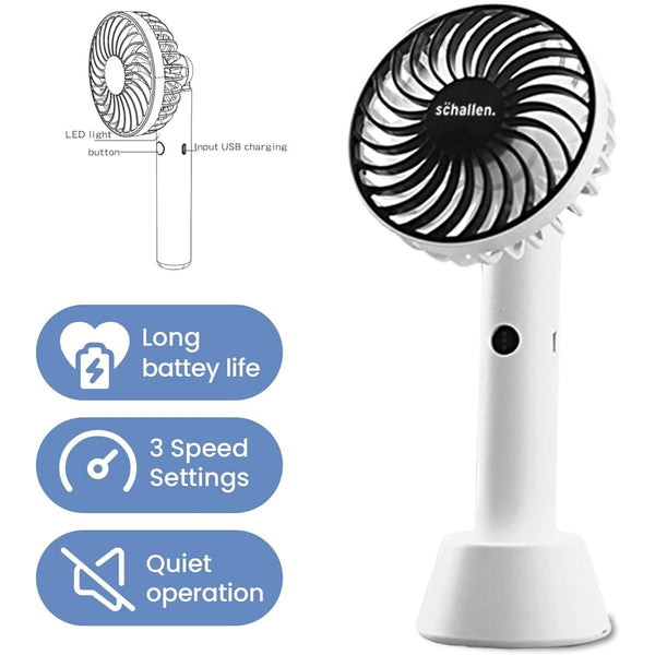 Schallen Black Small Hand Held Travel Fan Mini Portable Handheld Fan USB Rechargeable Battery Powered Electric Travel Cooling Fan Lightweight Personal Pocket Fan with 3 Speed Settings Quiet Operation 1200mAh Long Battery Life Summer Cooling Fan for Home O