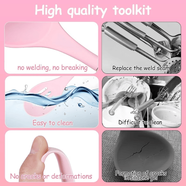 12pcs Silicone Cooking Utensils Set With Wooden Handle Food Grade High Temperature Resistant For Nonstick Cookware Pink