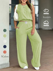 Women'S Solid Color Loose Sleeveless Crew Neck Wide Leg Pants Set 2pcs, Summer Casual And Energetic Cow Color Elastic Waist Straight Leg Pants Set, Summer Comfortable Informal Clothing Set