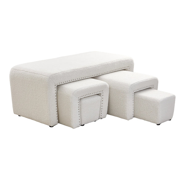 Boucle Fabric Bed End Stool 5-piece Set, Leisure Changing Shoes Stool, 5 Combination Stools, Sofa Footrest, Soft and Comfortable Bedside Bench, Suitable for Living Room Bedroom Rest Room
