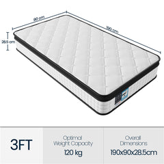 Costoffs Bed Mattress, Single/Double Bed Mattress Memory Foam and Pocket Spring Hybrid Mattress with 3D Breathable Fabric, Medium Soft to Medium Firm Support Mattress, Roll-Up Packaging for Bedroom, White