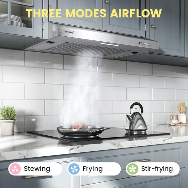 Midea COMFEE' 60 Cm Visor Cooker Hood - Compact LED Under Cabinet Hood, Wall-Mounted Extractor Fan for 600 Mm Kitchen Areas, Home-Friendly Top Vented Stainless Steel Range Hood [Energy Class B]