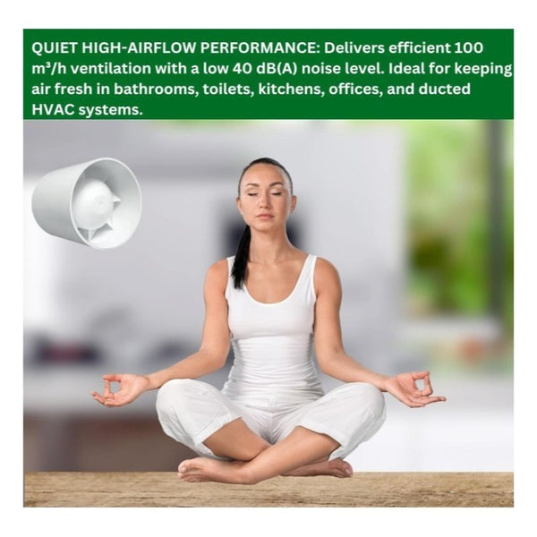 100mm In-Line Extractor Fan – Quiet Bathroom Ventilation Fan for Ducting – High Airflow 100 m³/h – IPX2 Rated ABS Housing – Ideal for Toilet, Kitchen, Home, Office & Commercial Use. Set by MYPURECORE