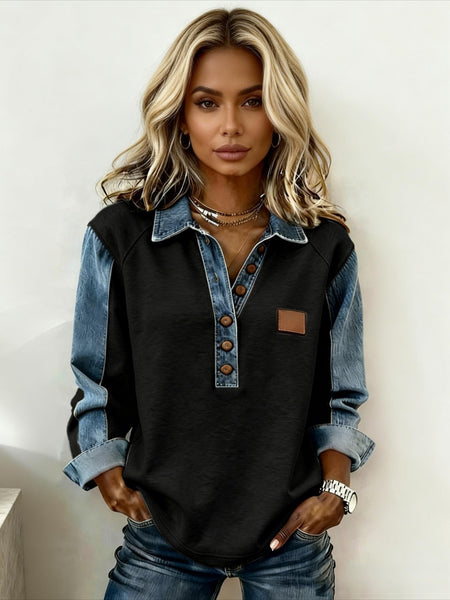 Women'S Colour-Block Denim Collar Top Loose-fit Long-sleeved Half-buttoned Drop-shoulder Top Retro-style Label Embellished Casual Knitwear Ideal for Everyday Outings, Light Commuting, Relaxed Dates, and Vintage-inspired Leisure Looks