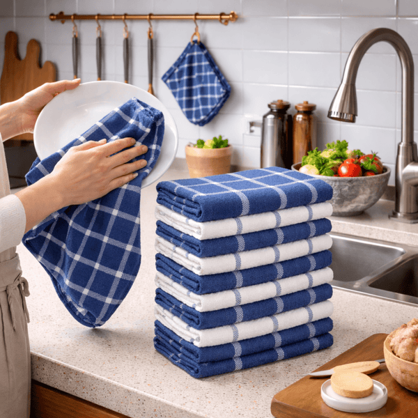 Pack of 10 & 5 Terry Toweling 100% Cotton Dish Cloths Catering Bar Towel Super Absorbent Lint Free Quick Dry Heavy Duty Soft Kitchen Tea Towels Dishcloths for Washing Up Scrubbing Machine Washable Extra Large 70 X 40 Cm (Black/ Blue/red Multicolor Check P