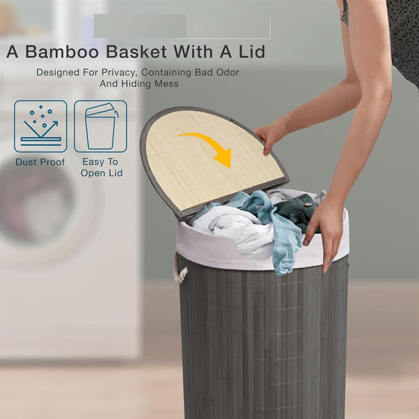 50L Folding Bamboo Laundry Basket Bin Hamper Basket Clothes Storage Organizer With Lid & Removable Washable Bag Carry On Handles