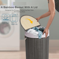 50L Folding Bamboo Laundry Basket Bin Hamper Basket Clothes Storage Organizer With Lid & Removable Washable Bag Carry On Handles