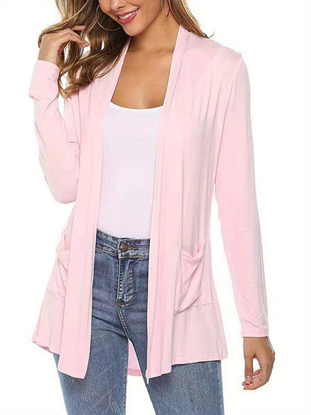 Women Simple Style Cardigan, Solid Color Long Sleeve Knitwear with Pockets, S/ M/ L/ XL/ XXL