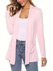 Women Simple Style Cardigan, Solid Color Long Sleeve Knitwear with Pockets, S/ M/ L/ XL/ XXL