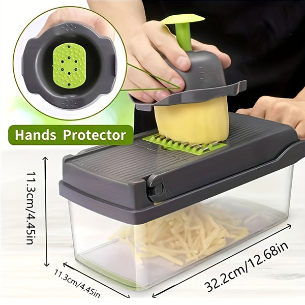 16-In-1 Multifunctional Kitchen Vegetable Slicer with a Container, Suitable for Onions, Carrots, Garlic, And Includes a Non-Rechargeable Plastic Tool Set with a Drainage Basket