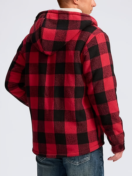 Men's Full-Zip Winter Sports Plaid Hoodie with Sherpa Lining, Warm Hooded Jacket