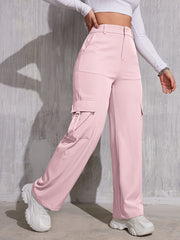 Flap Pocket Solid Color Cargo Pants, Y2K Slant Pocket Button Front Every Day Pants, Women's Clothing