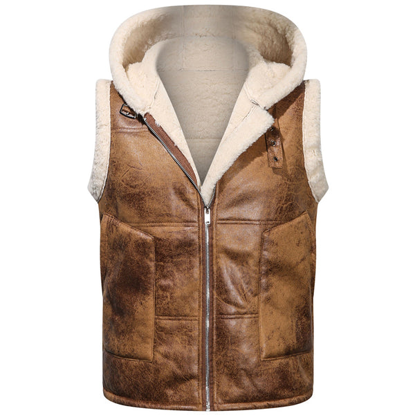 Men's Faux Fur-Lined Hooded Vest, Thickened and -Lined, Fashionable Windproof and Warm Outer Jacket for Men
