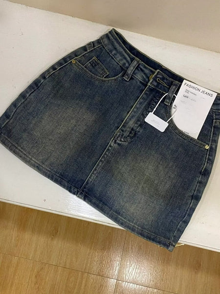 Y2K Vintage High Waist Denim Skirt - Dark Blue Pleated Flared Hem, Machine Washable Summer Casual Outfit, Retro Style Daily Wear for Women