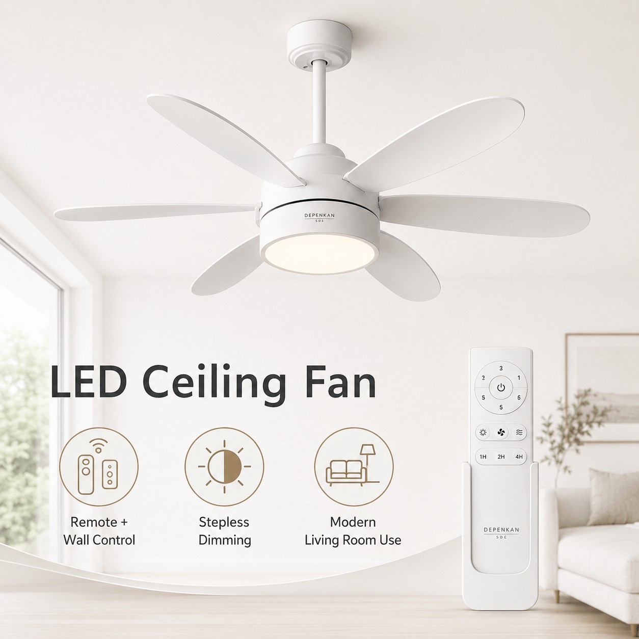 Modern LED Ceiling Fan Light with Remote 5 Blades Dimmable Quiet Fan for Bedroom