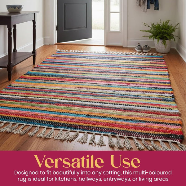 Chindi Rug Rug 100% Recycled Materials Striped Multi Coloured Bold Bright Boho Mats, Area Rugs, Runners, Carpets