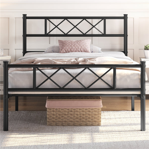 Costoffs Bed Frame, Simple Metal Bed Frame, Metal-Framed Bed Base with Storage, Bed Foundation for Small Space, Easy Assembly Bed Foundation with Cross-design Headboard and Footboard for Bedrooms, Single/Double/king, Black/White/Pink