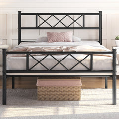 Costoffs Bed Frame, Simple Metal Bed Frame, Metal-Framed Bed Base with Storage, Bed Foundation for Small Space, Easy Assembly Bed Foundation with Cross-design Headboard and Footboard for Bedrooms, Single/Double/king, Black/White/Pink