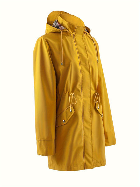Drawstring Waist Hooded Zip Up Coat, Casual Long Sleeve Coat for Fall & Winter, Women's Clothing