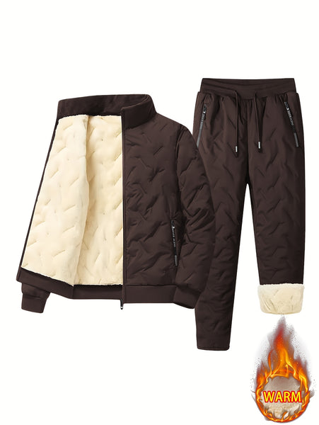 Men's 2pcs Casual Set: Fleece-Lined Thickened Jacket and Pants. Heavyweight Winter Sportswear with Zippered Cardigan Jacket, Fleece-Lined Warm Outerwear, Lamb's Lining. Matching Couple's Outfit for Men and Women. Leak-Proof Top and Pants with Elastic