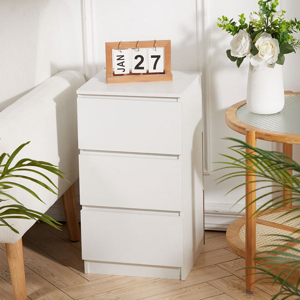 Wooden Slim Bedside Table Narrow Nightstand Side Table with 3 Drawers Storage, Tall Telephone Bedside Cabinets Sofa Side End Tables for Bedroom Small Spaces Living Room, Accent Furniture, White Coffee Tea Table, 32x30x59cm