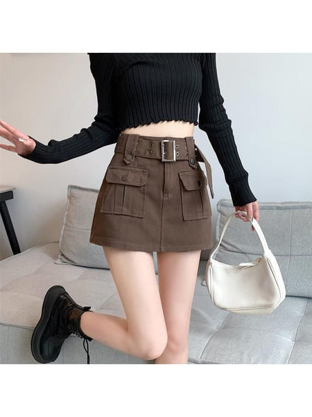 Women's High Waist Cargo Skort with Belt & Built-In Shorts - -Line Mini Skirt, Belted Waistband, Machine Washable Short Length Suitable for,, Casual Attire - Casual Streetwear Outfits
