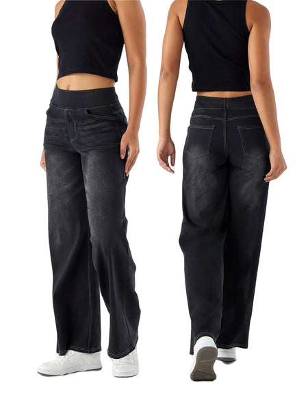 Women'S High-Waist Stretch Denim Wide-Leg Pants with Multiple Pockets, Distressed Vintage Casual Denim Long Pants