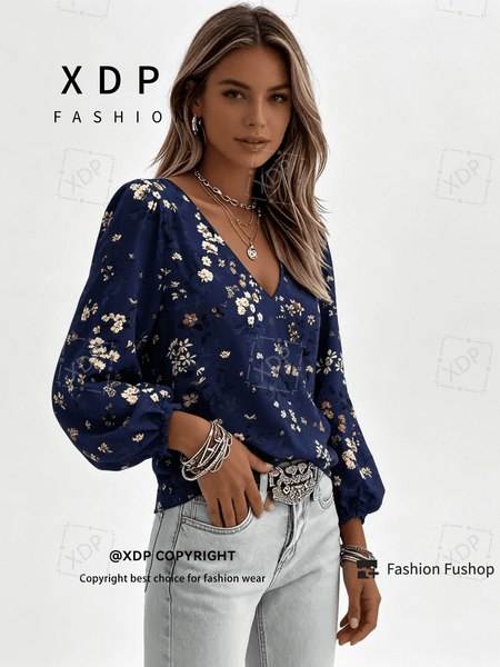 2D Flat Print Retro Western Style Shirt| V-neck Women's Long-sleeved Top with Colorful Small Floral Print, Bohemian Style Lantern Sleeve Design, Machine Washable, Suitable for Casual Attire and Vacations, 2D Flat