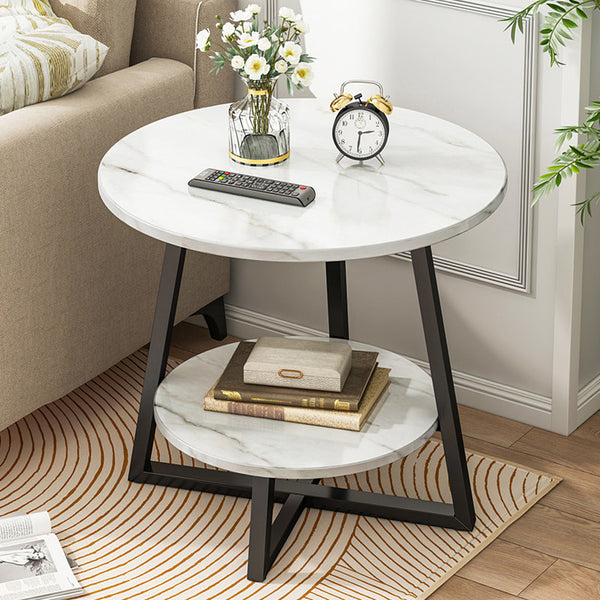 Marble Effect Round Small Coffee Tea Table 2 Tier White Grey Sofa Side Tables Living Room Bedroom Corner Plant Pot Stand Flower Pot Holder Display Shelf Metal Base