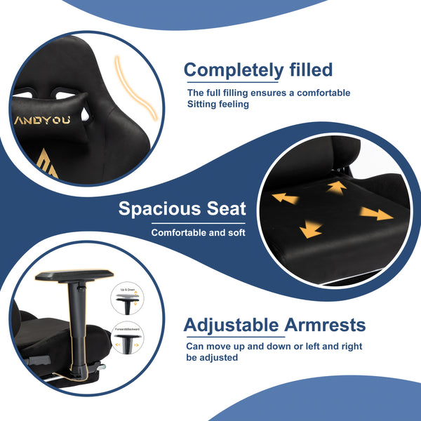 ANDYOU Gaming Chair, Comfortable Office Chair, Premium Fabric Soft As Faux Fur. Ergonomic PC Chair, Adjustable Swivel Work Chairs with Footrest