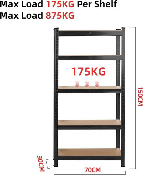Garage Shelving Units 5 Tier Heavy Duty Shed Storage Racking Shelf Metal Boltless 1000kg Capacity 175kg Per Shelf for Warehouse Workshop Office Heavy Duty Industrial Garage Racking/Shelving Unit