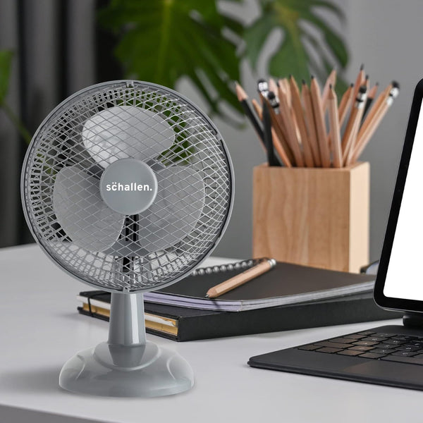 Schallen Grey Mini Table Fan Office Desk Home 6 Inch Small Electric Desk Fan Portable Air Cooling Fan Quiet Mini Desktop Fan with Tilt Function Worktop Office Home Bedroom PC Cooling Fan Compact Lightweight Air Circulator UK Plug Grey Black or White Porta