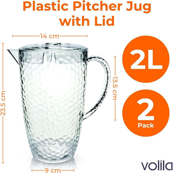 Clear Plastic Jugs 2 Litre - Plastic Jug with Lid and Vented Spout, Large Pitcher Jug for Picnics, BBQ, Cocktails, Indoor/Outdoor use, Water Jug