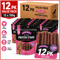 Pure Breed 12 Pack Dog Protein Strips Beef Flavour | High Protein Dog Treats | Low Calorie Soft Dog Training Treats | Resealable Bulk Dog Reward Snacks