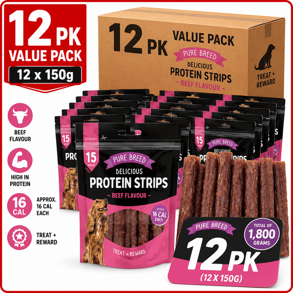 Pure Breed 12 Pack Dog Protein Strips Beef Flavour | High Protein Dog Treats | Low Calorie Soft Dog Training Treats | Resealable Bulk Dog Reward Snacks