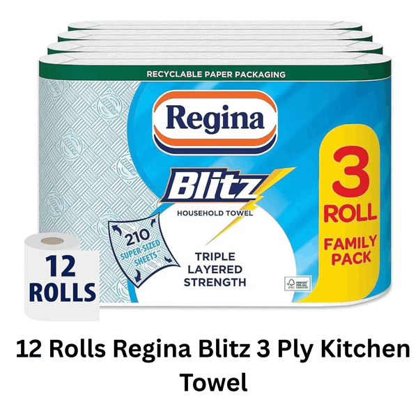 Regina Blitz 12 Rolls Strong Absorbent Luxury Kitchen Cleaning White Paper Towel