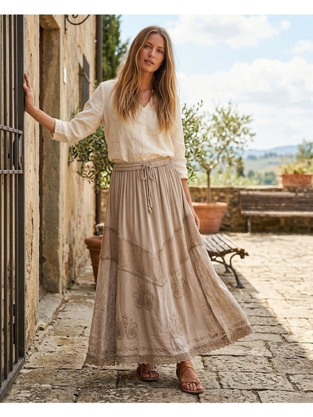 Women'S Indian Boho Maxi Skirt, Embroidered Drawstring Tiered Skirt 18654