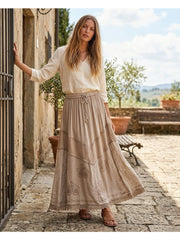 Women'S Indian Boho Maxi Skirt, Embroidered Drawstring Tiered Skirt 18654