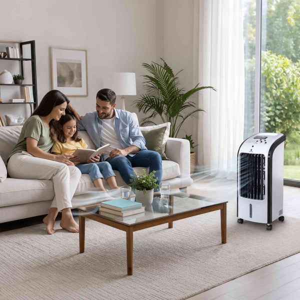 Portable Evaporative Air Cooler with Humidifier – 4L Tank, Remote Control, 2 Ice Packs, 3 Speeds, 7.5-Hour Timer, Auto Swing, Bedroom Room Cooler with Wheels